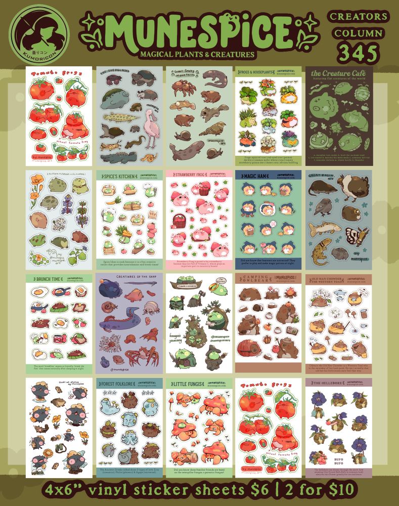 An assortment of 4x6” vinyl sticker sheets, $6 each or 2 for $10, featuring creatures and nature