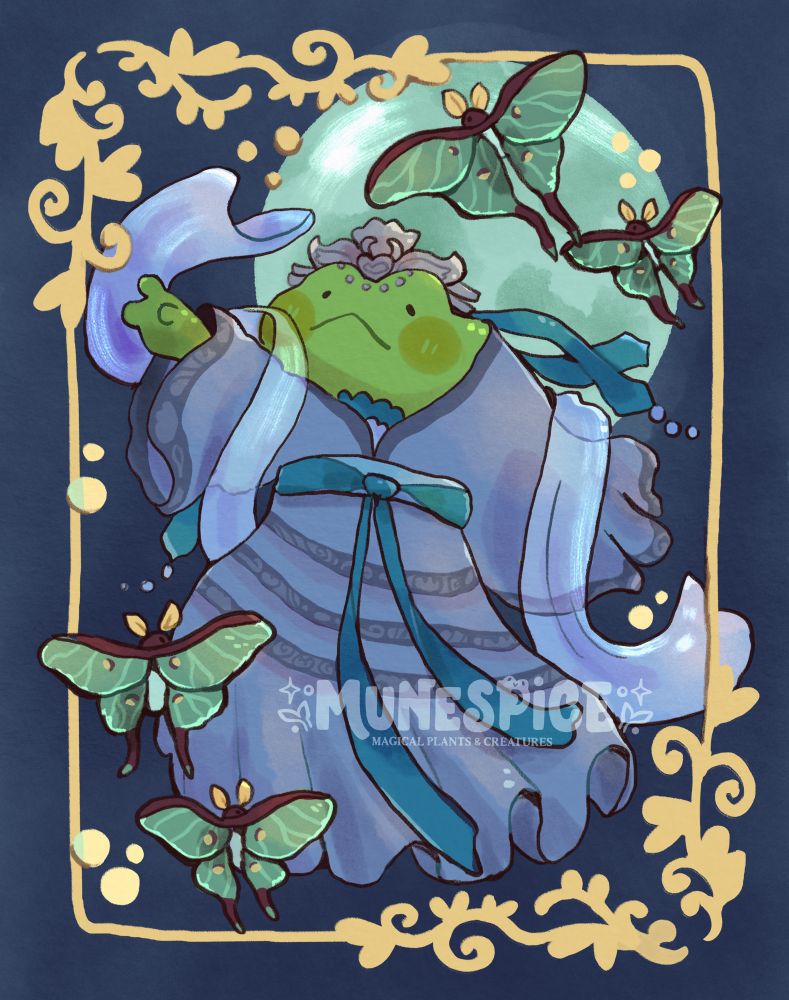 An illustration of Bobbert the frog dressed and dancing as the moon fairy from apothecary diaries with a moon in the back and luna moths around him