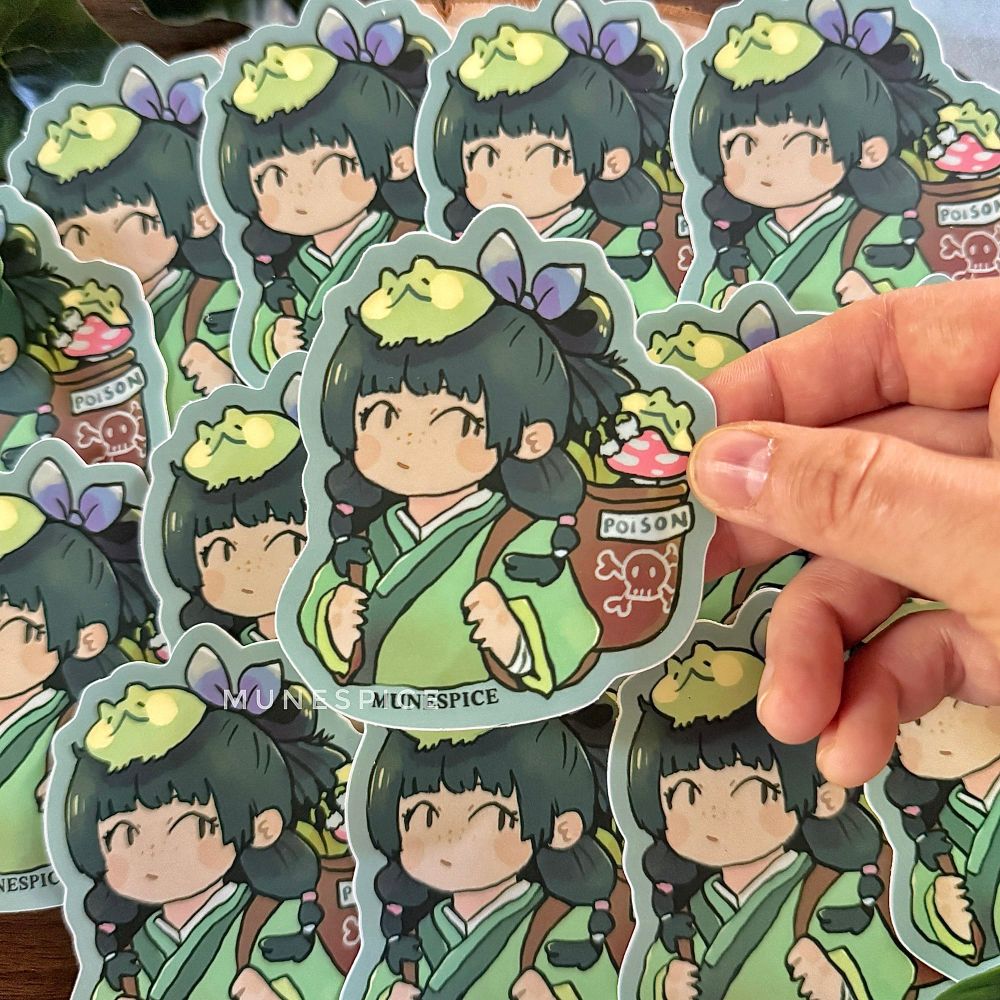 A sticker inspired by the diaries of an apothecary, with frogs