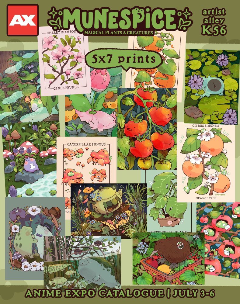 See munespice at anime expo at table k56 in artist alley. This post features a preview catalogue of her wares featuring magical plants and creatures. Throughout the post, there are pages featuring prints, stickers, sticker sheets, plush, shirts, pins, and more. 
