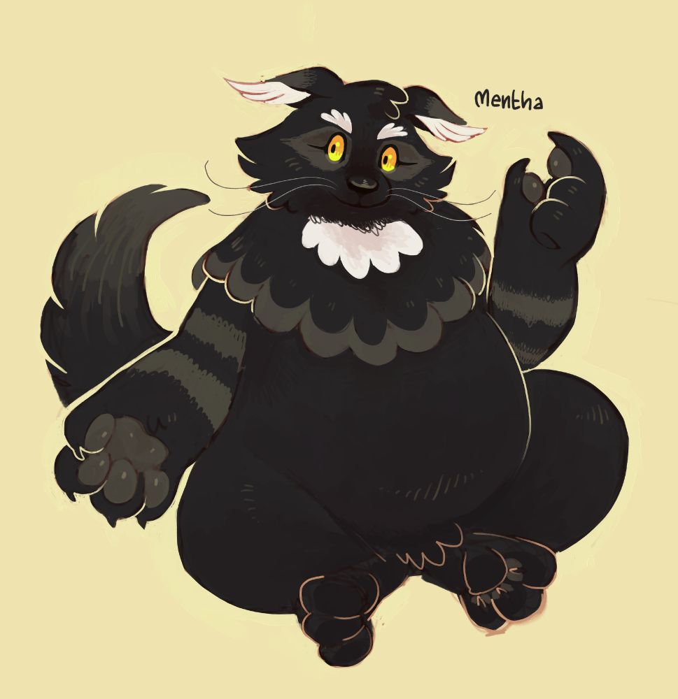 a mostly black furred creature sits on the ground. their name is written beside them: "Mentha"