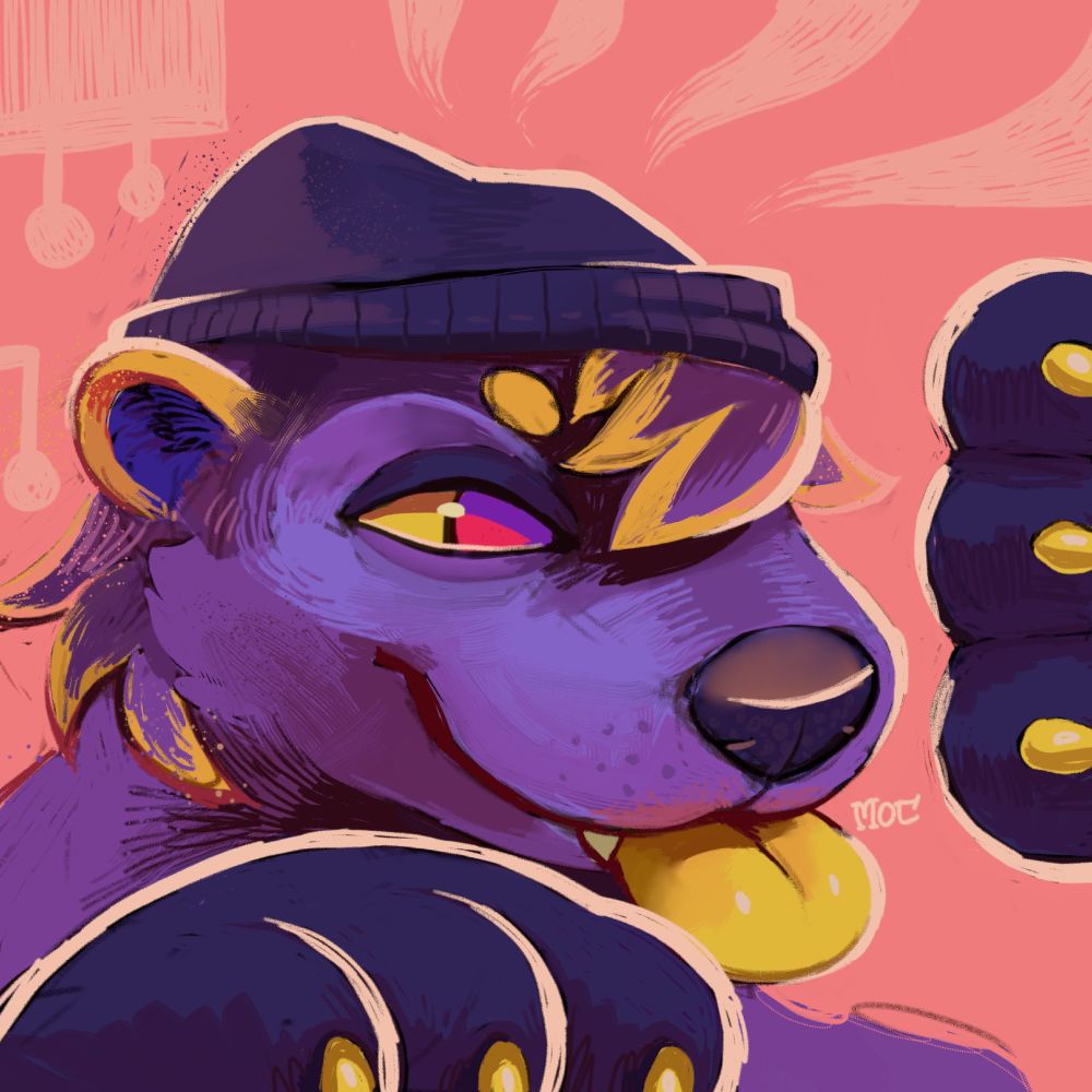 A purple otter schemes mischievously. 
