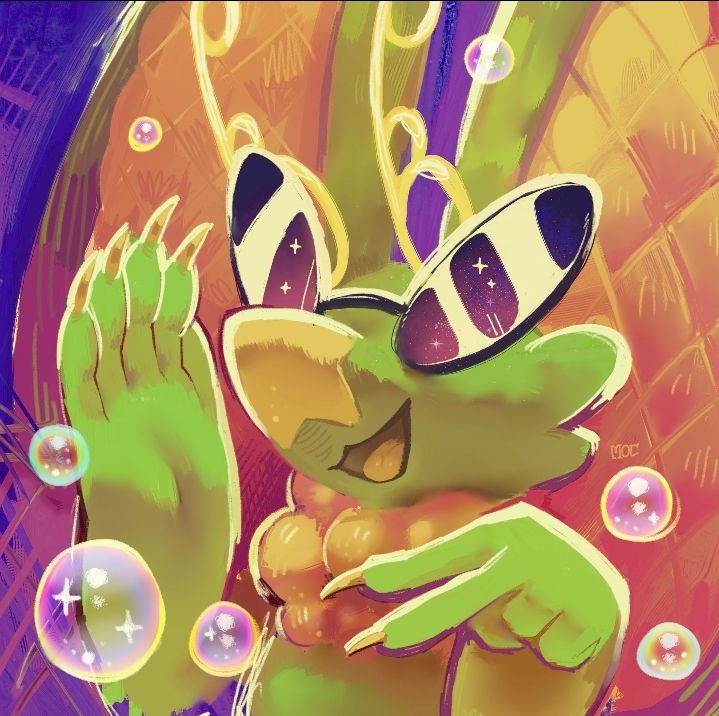 a stylish alien-looking critter poses for the camera. bubbles float around the frame