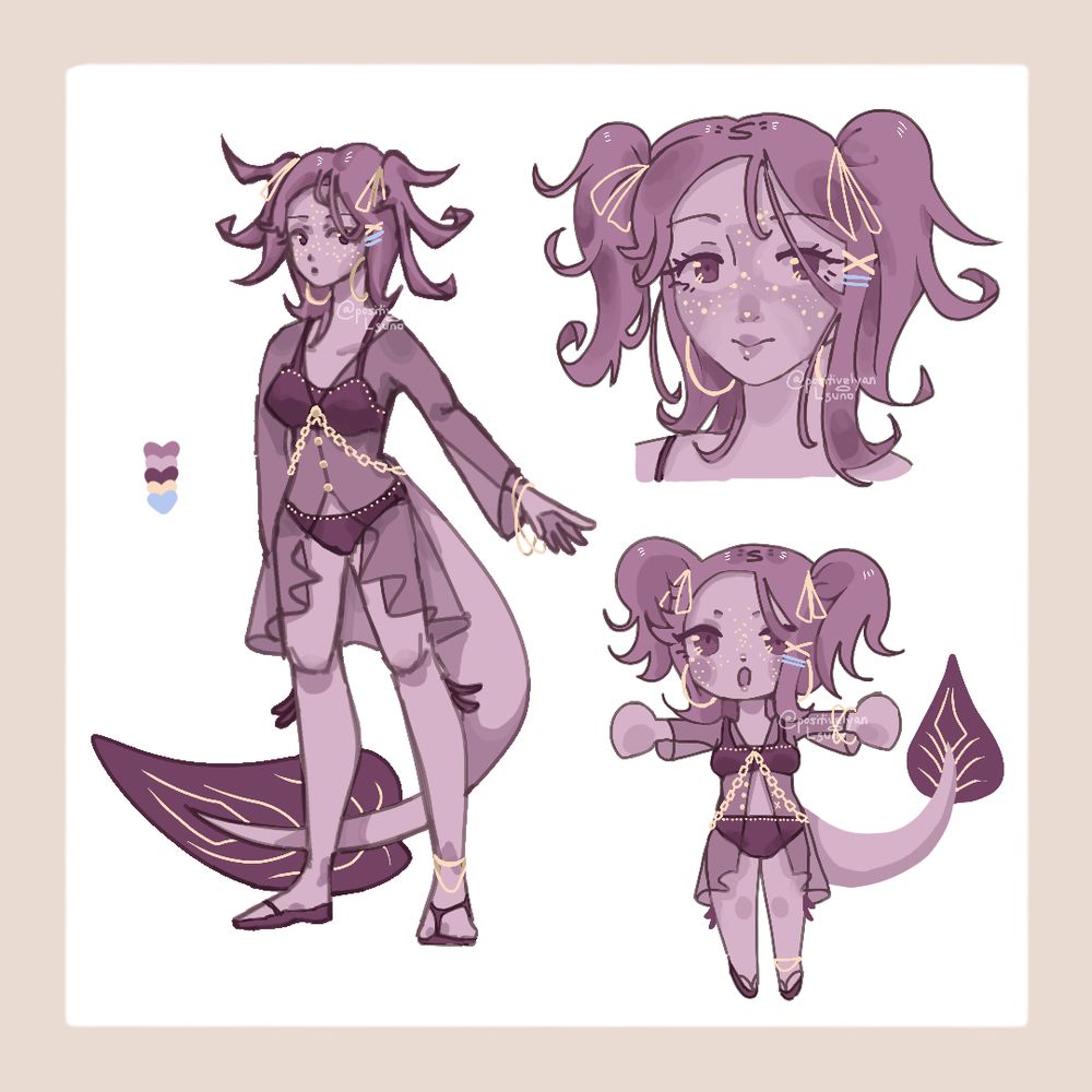 A purple axolotl girl, dressed in a sheer pullover and a bikini top and bottom that complement the purple in her skin tone.