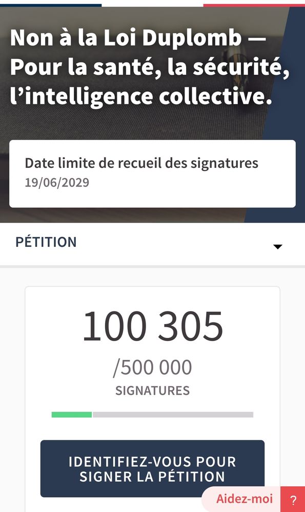 Page de la pétition sur le site de l'assemblée nationale "Non à la loi Duplomb- Pour la santé, la sécurité, l'intelligence collective"
Avec 100 305 signatures sur 500 000