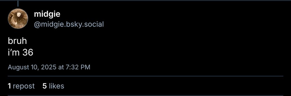 screenshot of midgie post that says:

bruh
i'm 36