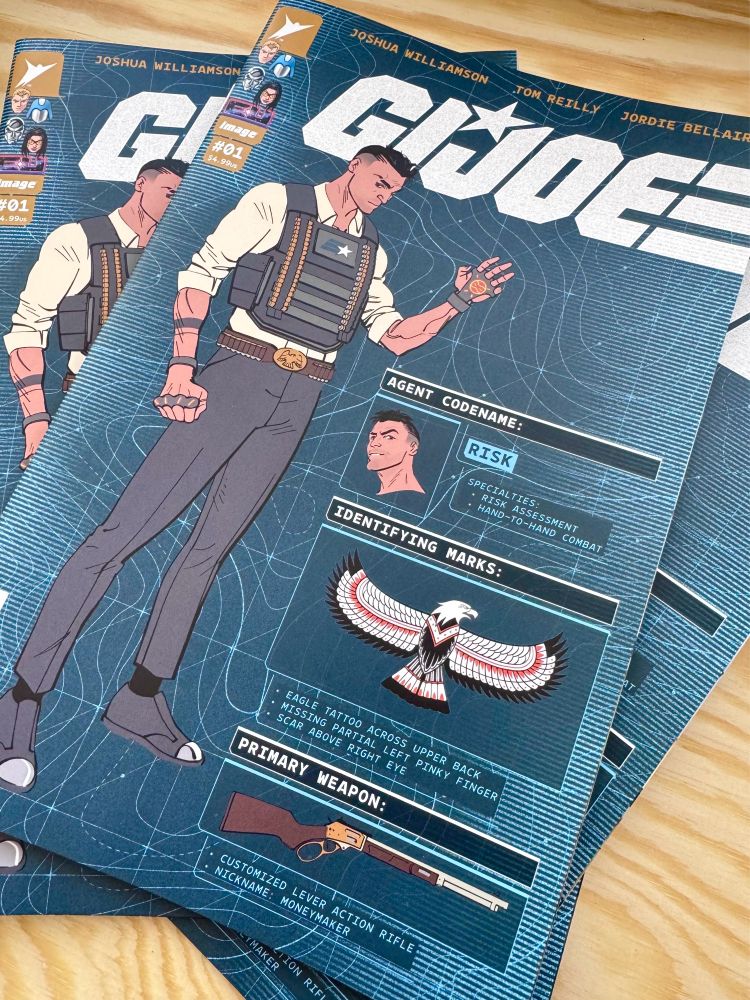 Image features a cover to GI Joe #1 featuring the new character Risk.