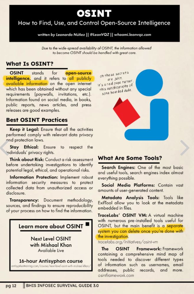 One of the pages from the InfoSec Survival Guide, on OSINT.  A section for “What is OSINT?”, Best OSINT Practices, and “What Are Some Tools?”.  TraceLabs VM is mentioned and links to tracelabs.org/initiatives/osint-vm