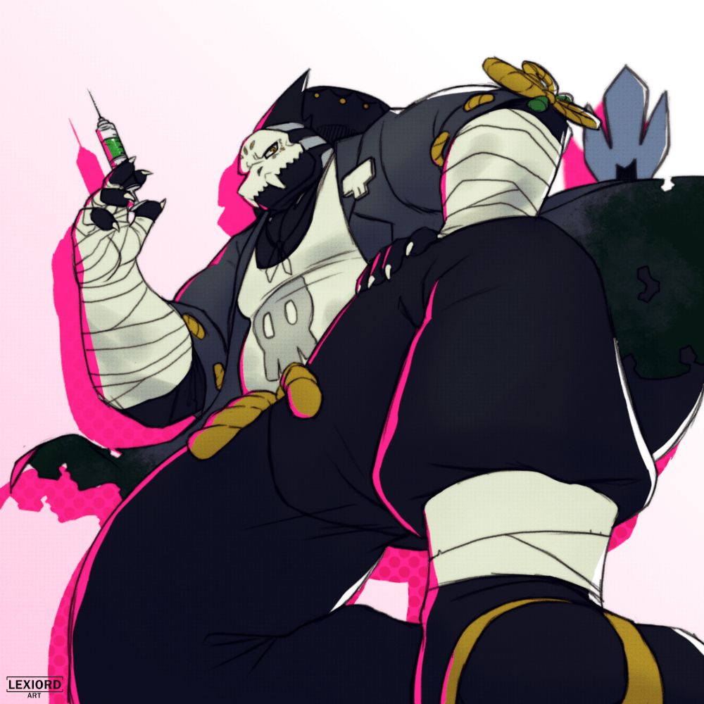 A colored sketch of a shark character wearing a tattered coat, tank top, and geta sandals is down on one knee with a syringe in hand, looking down at the viewer. The background consists of a pink outline of the subject and a white background with a pink gradient.