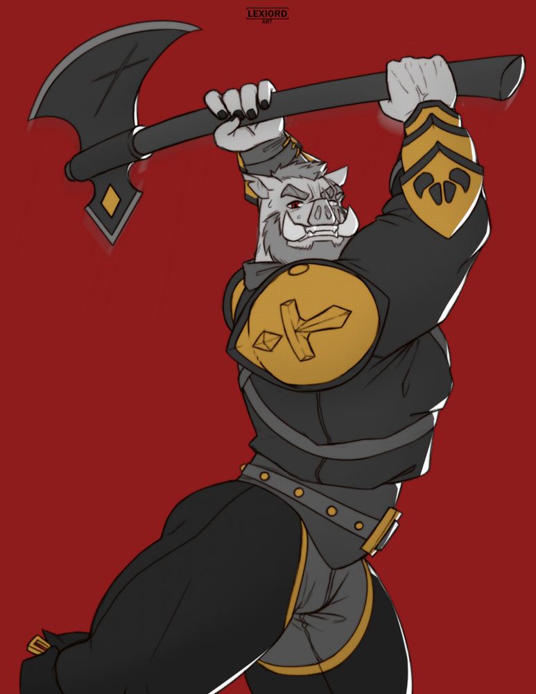 A grayscale drawing of a character based on the piglin brute from Minecraft, swinging his axe mid-air and ready to strike at something out of view. The character is fully clothed and equipped with gold armor, with pauldrons, bracers, belt, and leather straps. A brick red color makes up the background.