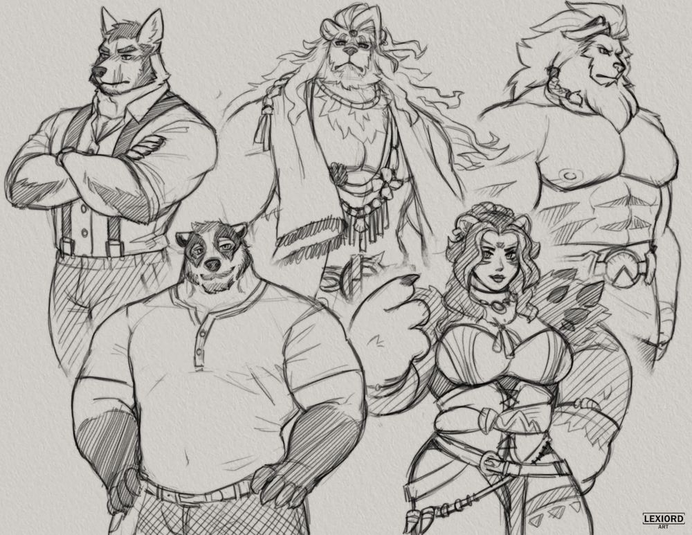 A compilation of sketches depicting various characters. From left to right: 
William Adler from TSR looking away with arms crossed and seeming flustered.
Nikolai Krol from TSR looking at the viewer with a warm smile.
Javid from Dislyte in his summer skin staring the viewer down.
Gerda from AFK Journey beckoning at the viewer with a casual smile.
Brutus from AFK Journey at a side profile, looking at something with an intense expression.
