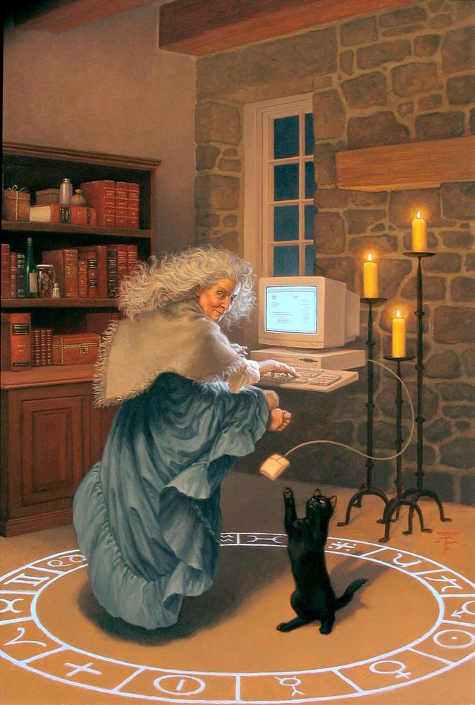 An old, white-haired woman and her desktop computer float off the ground in the middle of a circle of runes. A little black cat reaches for her floating computer mouse.