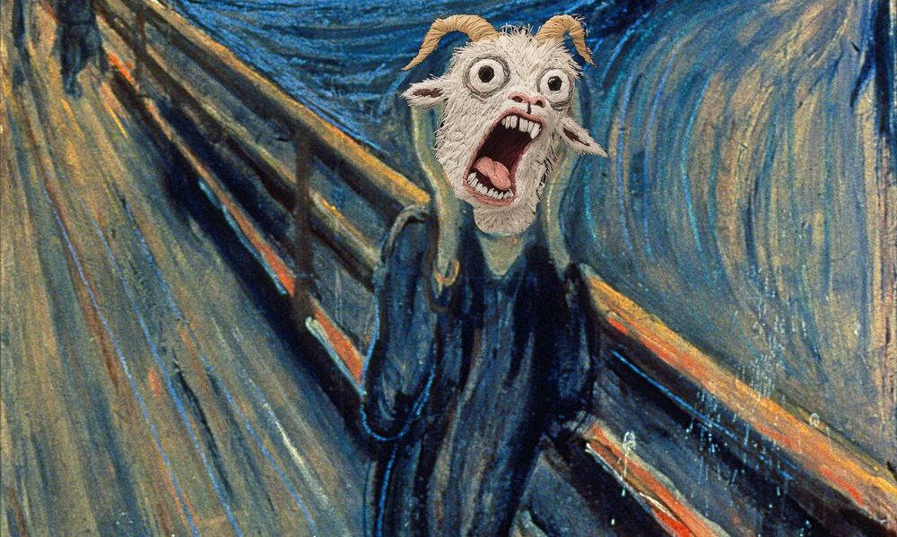 Edvard Munch's "The Scream", with the screaming goat head from "1 Short Plush Pillow Cover" superimposed over the face.