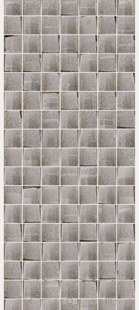 Screenshot of a phone photo gallery with dozens of thumbnails of manuscript pages 