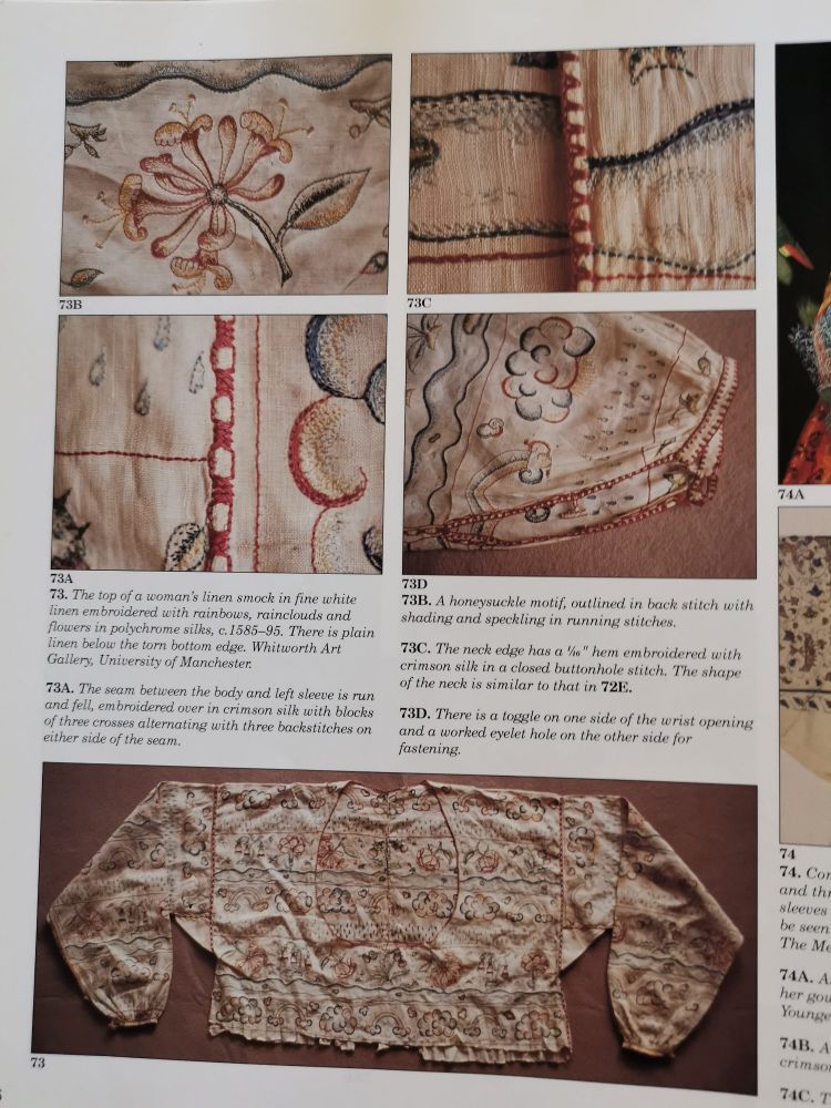 Photograph of a book page showing a beige linen cropped top with polychrome embroidery featuring plants, rainbows and rainclouds. Four up close detail photos and one full image