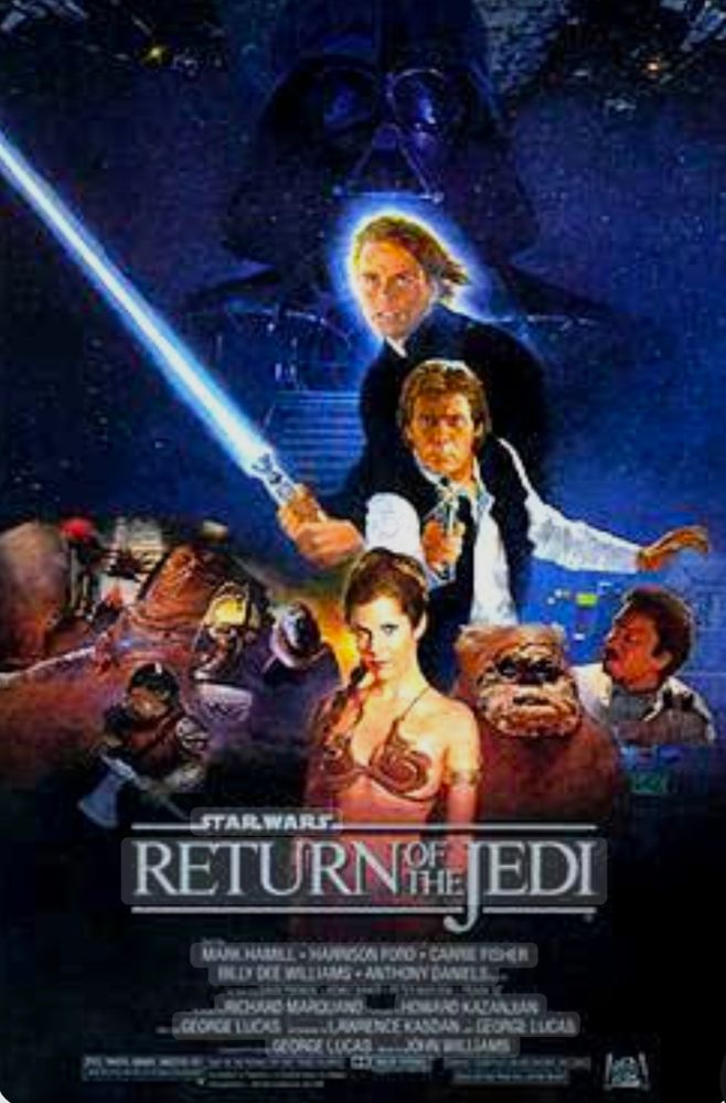 Movie poster for Return of the Jedi. Carrie Fisher in this outfit is why I knew I was bisexual at a young age.