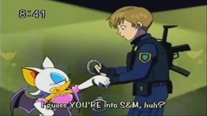 Screencap from Sonic X, a blonde police officer who is a woman is attempting to handcuff Rouge the Bat. Rouge has her eyes lid, and is flirtatiously asking "I guess YOU'RE into S&M, huh?" as the officer looks mildly surprised