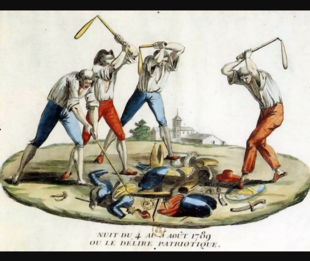 Gravure d'époque représentant la fin de la société d'Ancien Regime. Intitulée "Le délire patriotique", elle montre des représentants du Tiers État qui donnent du bâton à ce qu'il reste de la Noblesse et du Clergé. Les privilèges sont abolis le 4 août 1789.