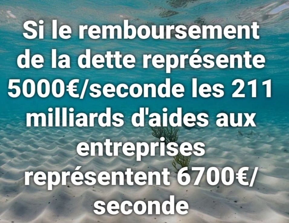 Copie d'écran d'un statut Facebook rappelant que si la dette représente 5000 euros par seconde, les aides aux entreprises représentent 6700 €/seconde... 