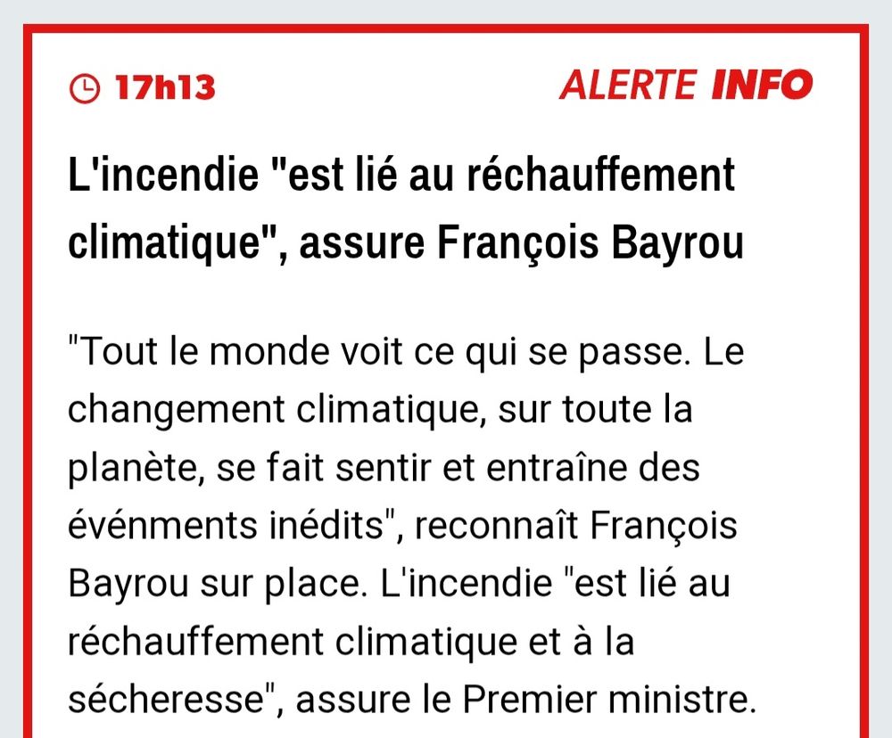 Copie d'écran du site RMC relayant la déclaration de Bayrou dans l' Aude... 