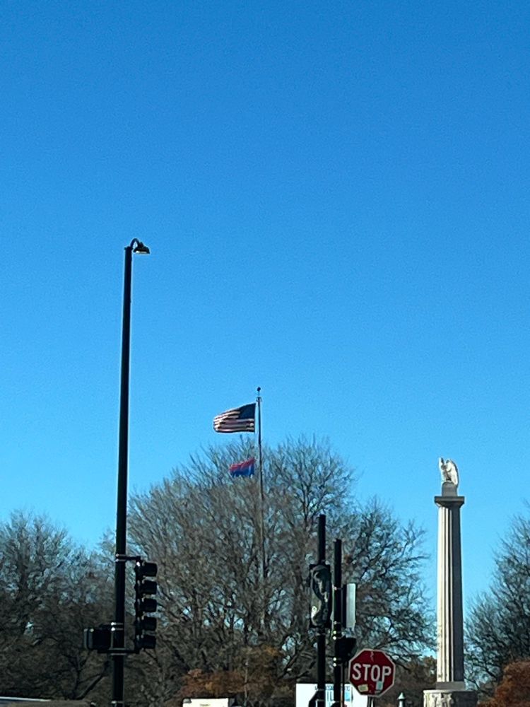 two flags flying above Logan Square in chicago: the american flag and the bisexual flag 