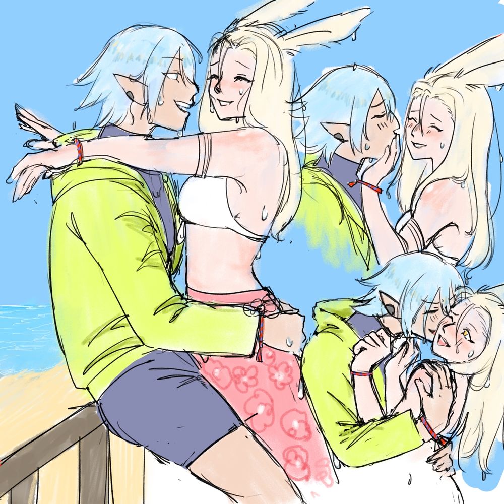 An artwork of three different moments with Haurchefant and a white haired Viera. Haurchefant is wearing a wetsuit, and the woman is wearing a bikini top and a pink flower wrap skirt. They are both dripping with water, implying they were just in the ocean behind them.

In one moment, Haurchefant is sitting against a guardrail, pulling the woman close by her waist. He's talking to her, and she laughs with her eyes closed.

In another moment, Haurchefant is trying to kiss her, and she is stopping him by putting a hand over his lips, still laughing.

In the last moment, he pulls her even closer into a tight embrace, nuzzling her cheek as she laughs.