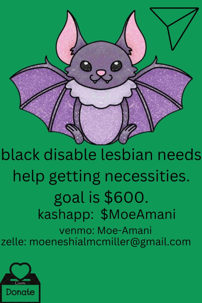 the image is a digital flyer with a green background, featuring a cartoon bat and text asking for donations to help with necessities, with a goal of $600 and payment information provided. a graphic of a donation box is also included.