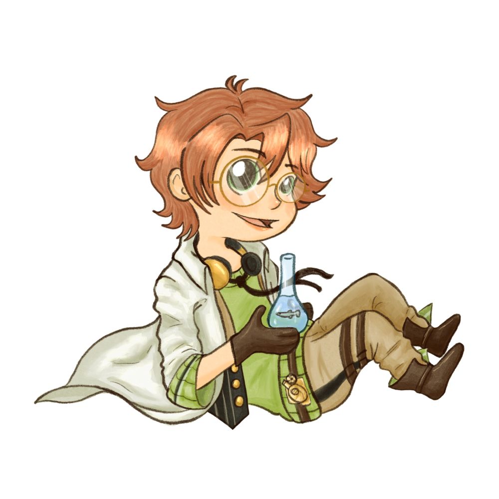 Full body of Victor Frankenstein from Code Realize: Guardian of Rebirth in a chibi art style. He is smiling while appearing to float in the air, in his hands he holds a beaker with a guppy type fish inside.