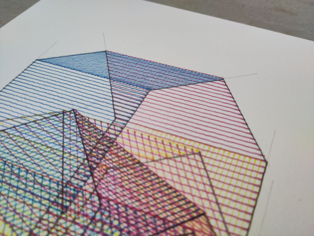 Detail of a geometric line drawing on cold-pressed cotton paper featuring overlapping three-dimensional house shapes in CMYK ink, created with fountain pens and pencil.