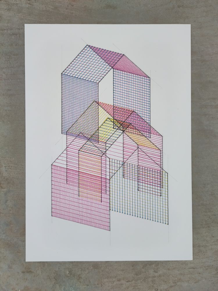 A geometric line drawing on cold-pressed cotton paper featuring overlapping three-dimensional house shapes in CMYK ink, created with fountain pens and pencil.