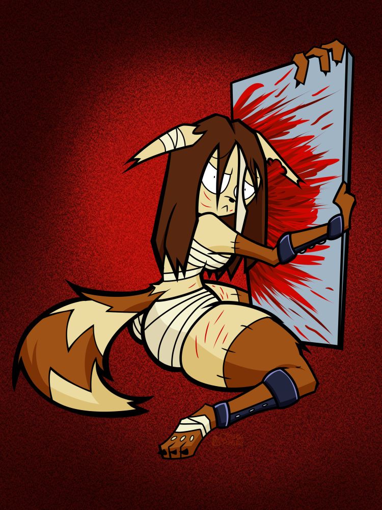 A depressed, anxious raccoon girl with brown hair. Covered in scars and bandages, sitting on her knees as she clutches a bloodied guillotine blade.