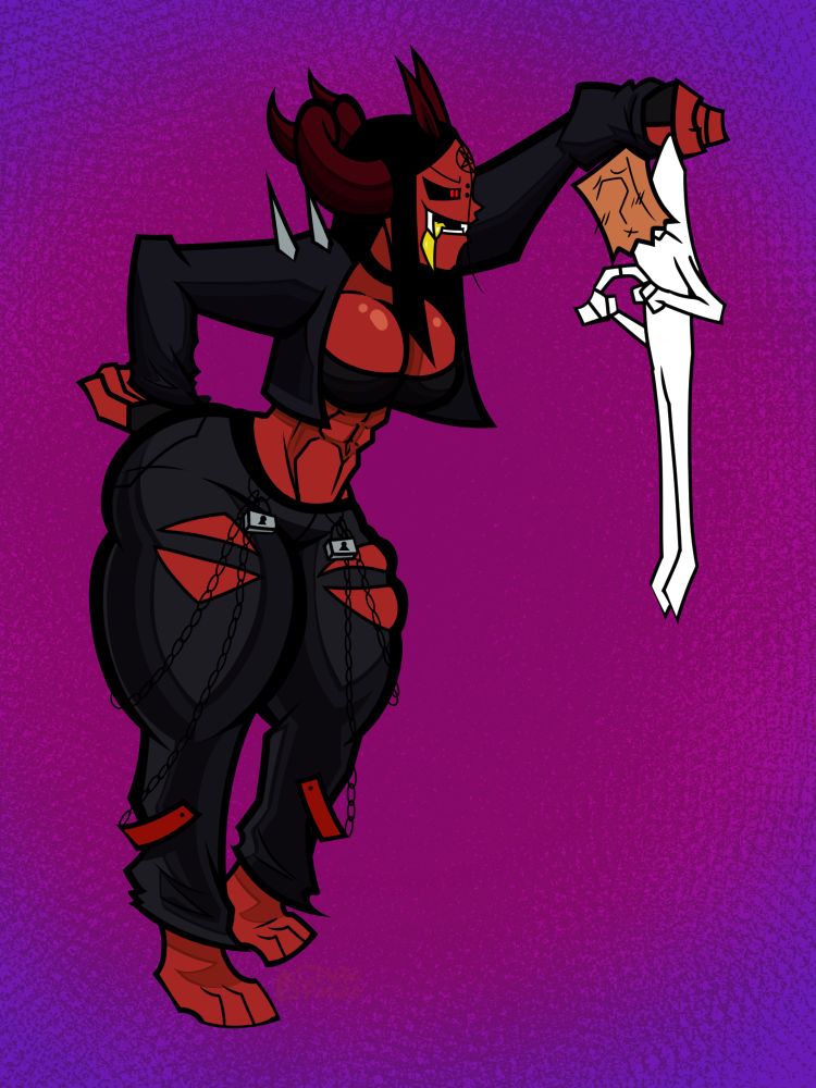 A tall amazon-sized buff demon with red skin in a goth/punk attire holding anon in the air. She has her tongue out while is blushing but also concerned