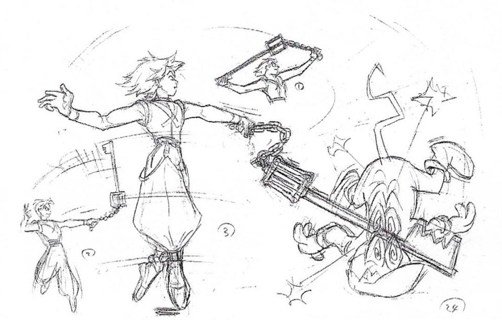 Concept art for the first Kingdom Hearts game of Riku hitting a heartless in the head with the keyblade which he is swinging by the chain