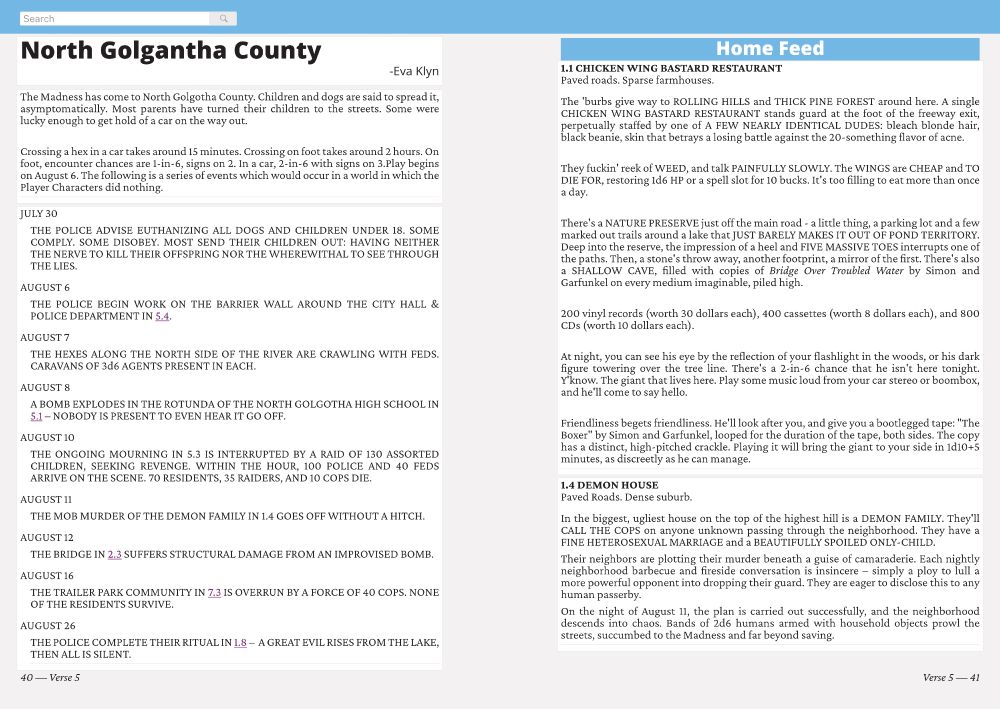 A spread displaying a piece timeline of events as well as descriptions of locations formatted to look like posts on a social media site.