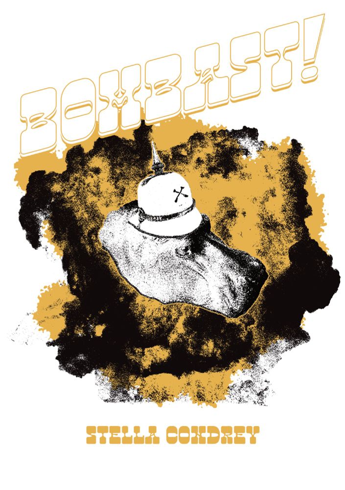 A cover depicting a hippo in a spiked pith helm in front of a massive explosion with curvy psychedelic text reading "Bombast!" The collage has been rendered in black and white with a splash of color behind it