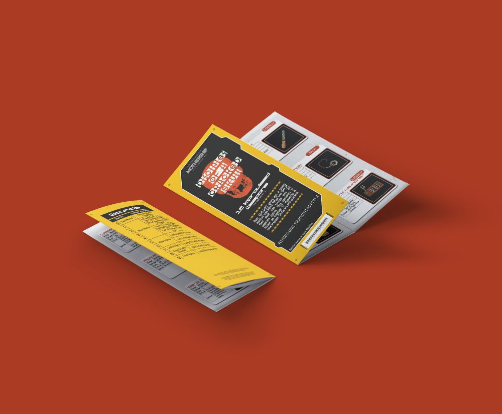 A mockup of a trifold pamphlet with a bold yellow black and red cover with an industrial look about it.