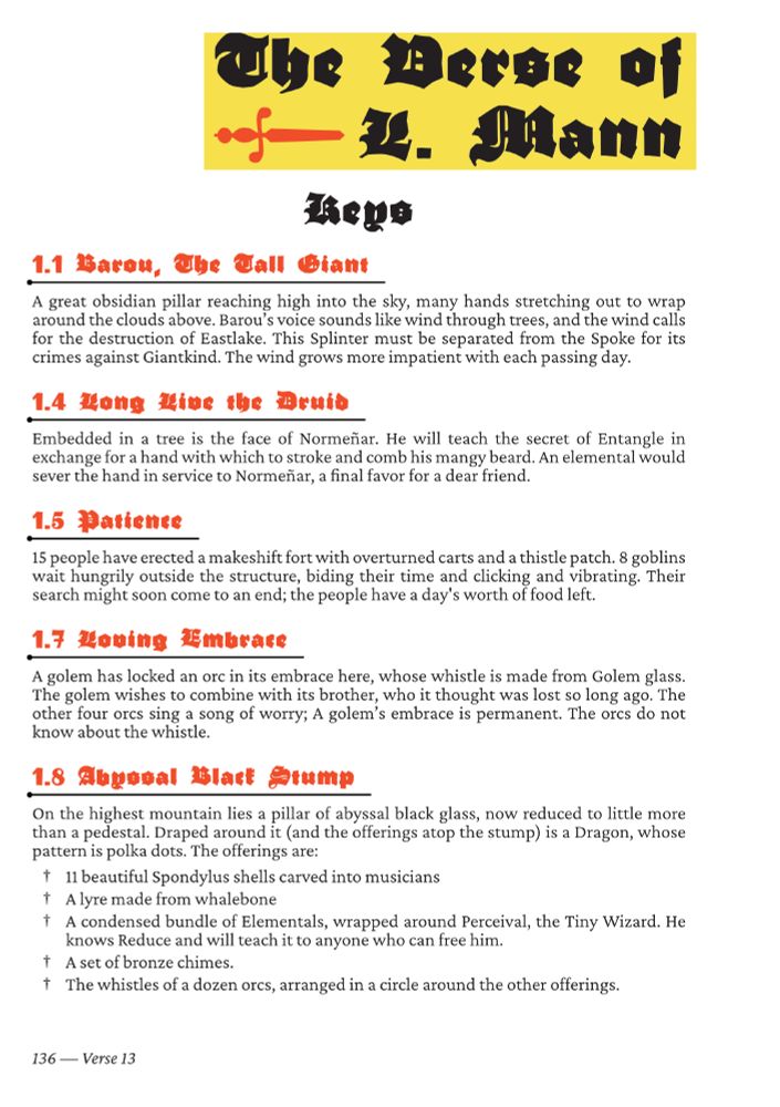 A page with bold yellow orange and black coloring where heavy blackletter contrasts against simple text