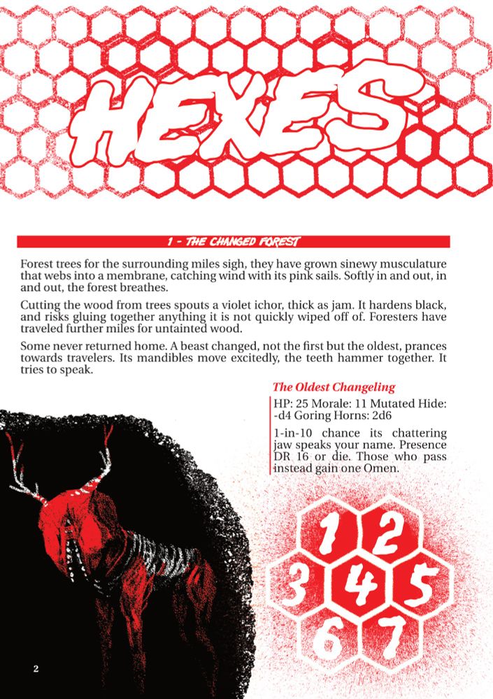 A bombastic page showing bright red distorted hexagons and text describing locations