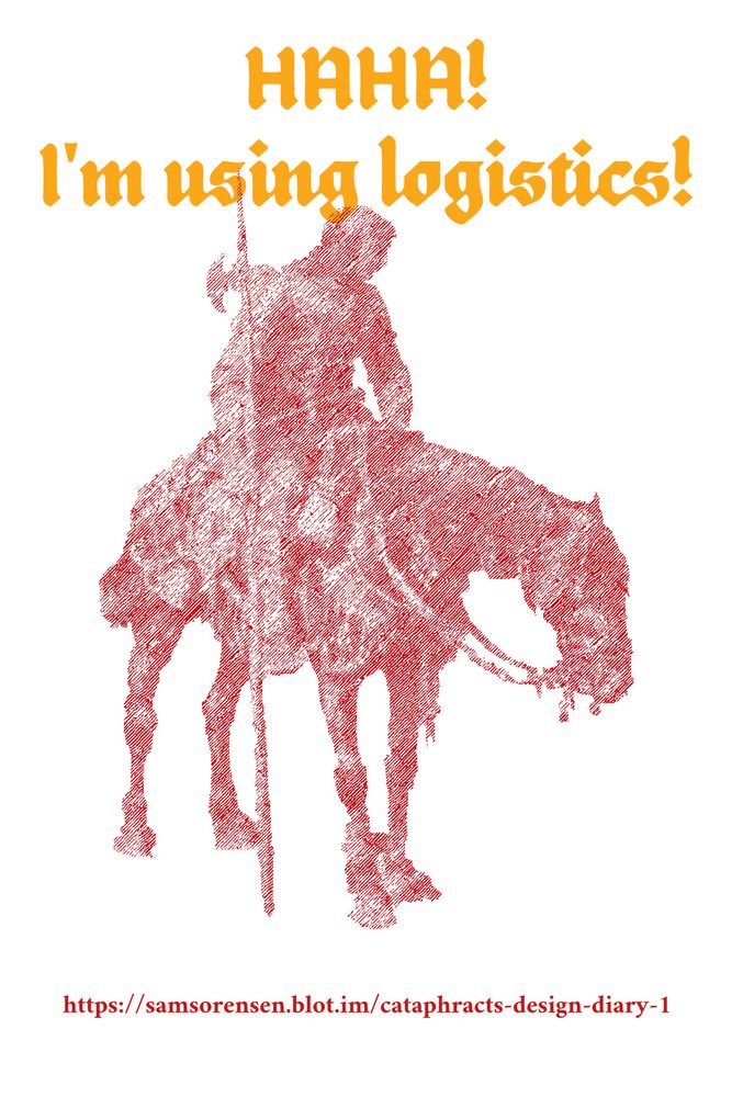 black letter text reading "HAHA! I'm using logistics!" in front of a edited piece of public domain art of a knight on a horse to turn it into a dithered/engraved look