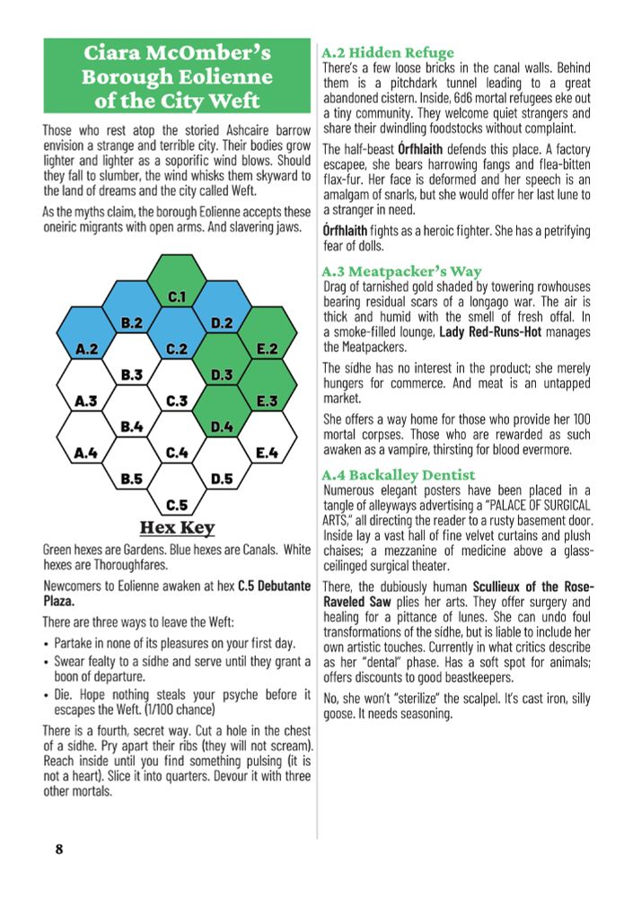 A plain page with dense and clean text along side a simple hex map with vibrant green and blue colors