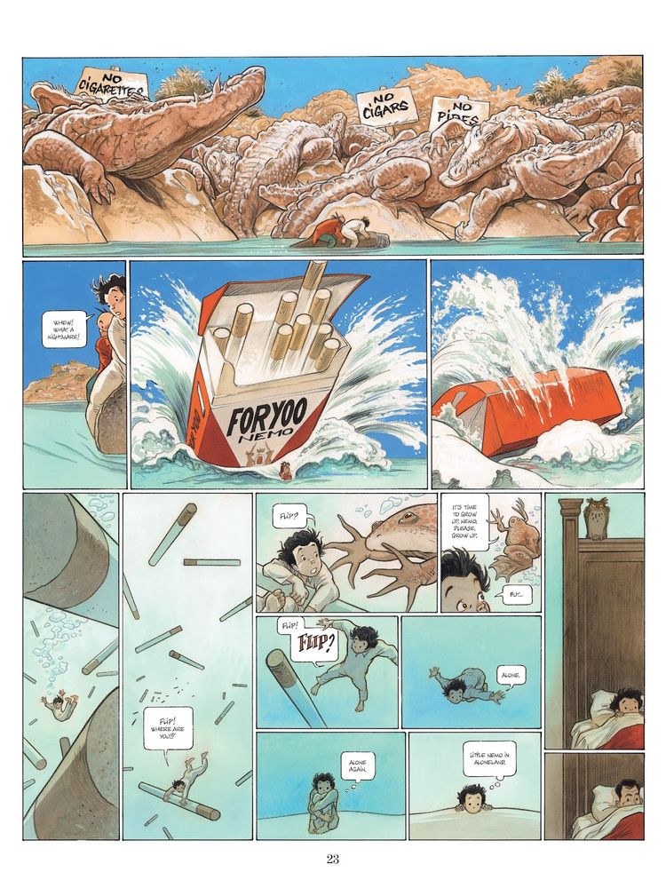 Gigantic Crocodiles, Gigantic Cigarette packets, and other mad creatures as a young buy tries to flee them all in dream like sequences while also alseep in his bed.