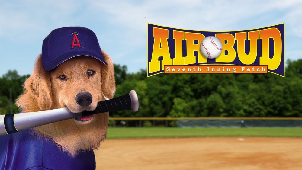 Airbud: Seventh Inning Fetch poster showcasing a dog with a baseball hat and bat 