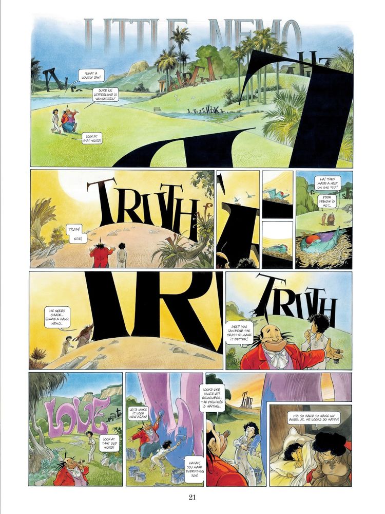 Little Nemo by Frank Pe wherein Lettering Text is used as striking physical objects of the setting
