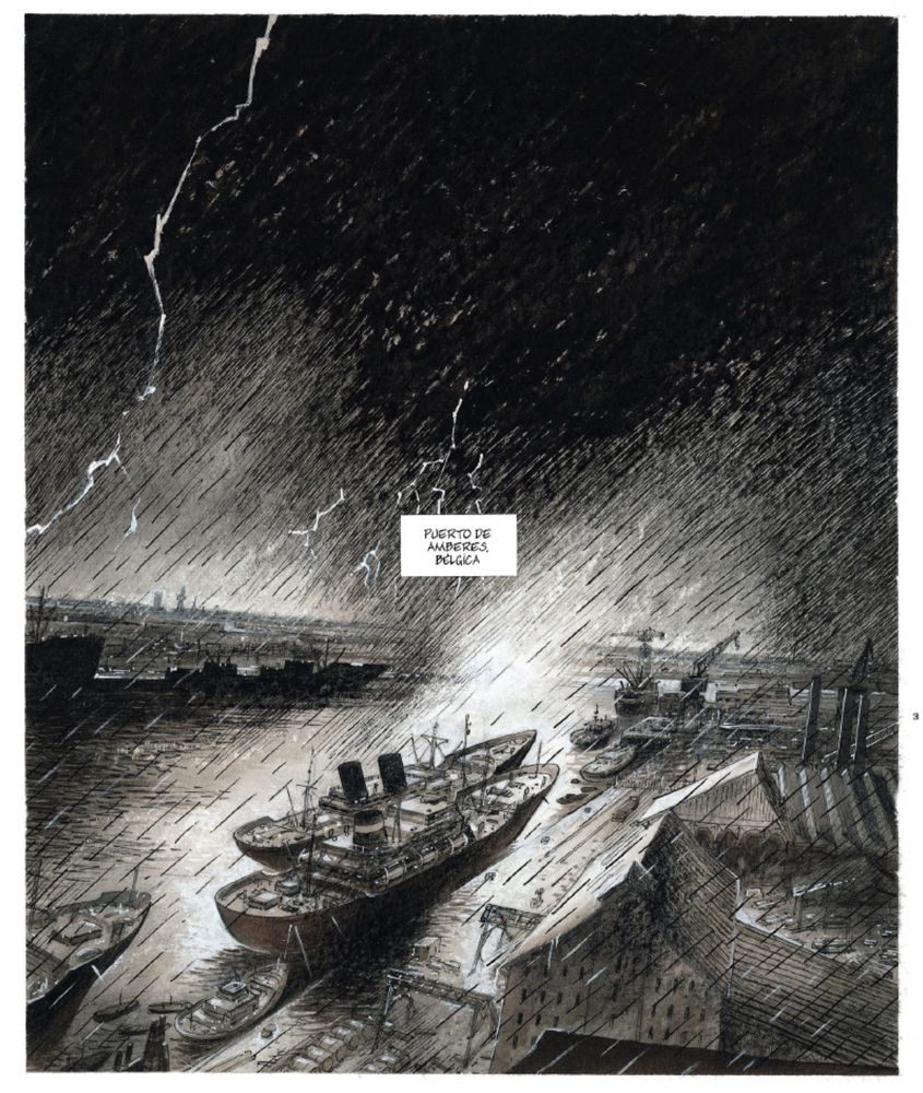 A splash page of a shipyard, as a storm rages. Rain falls heavy, and lightning strikes from the skies