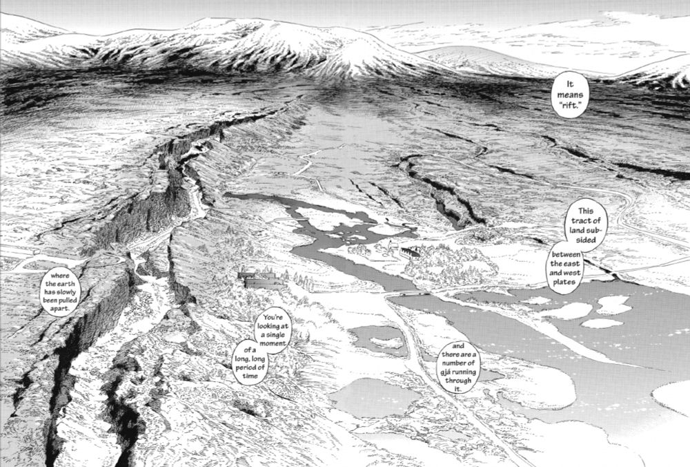 A double page spread from Aki Irie's GO WITH THE CLOUDS showcasing Iceland