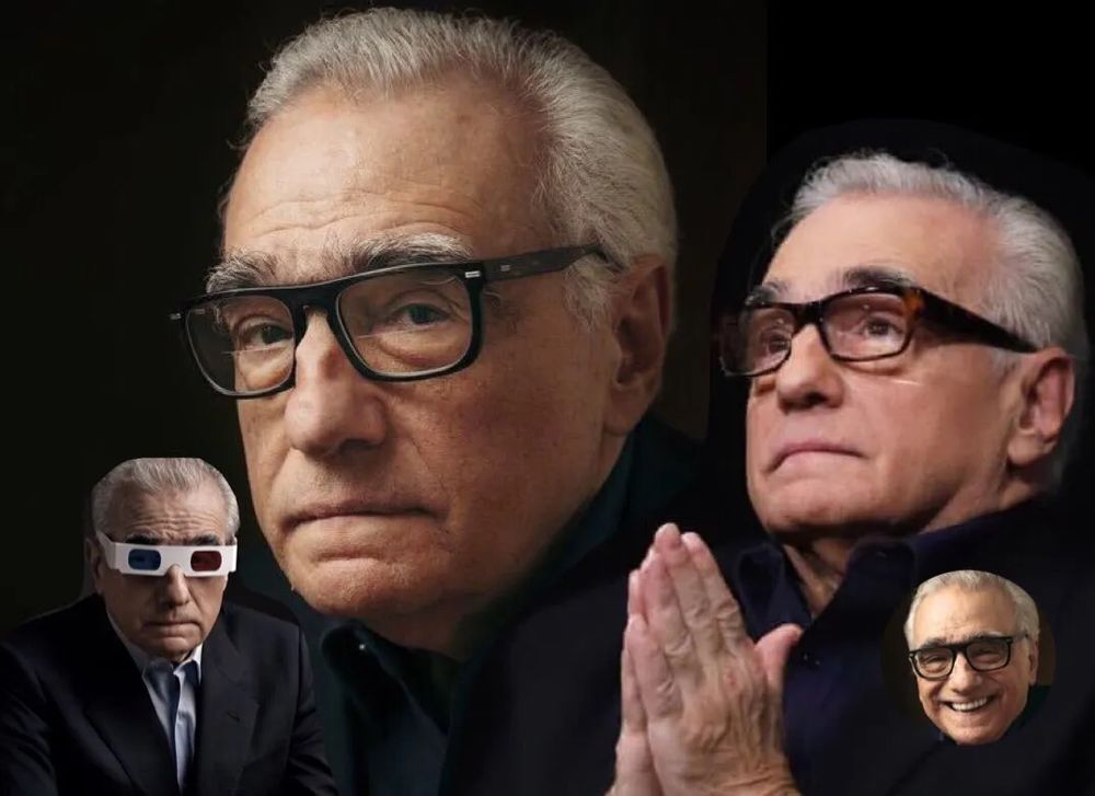 Scorsese with glasses praying, gazing, looking slick, then laughing. He's enjoying prime cinema