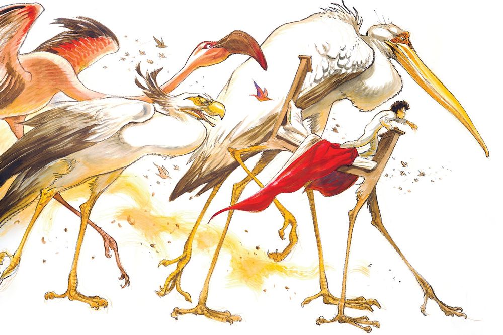 Double Page Spread by Frank Pe, showcasing a boy on a walking bed with bird legs alongside various birds walking with him