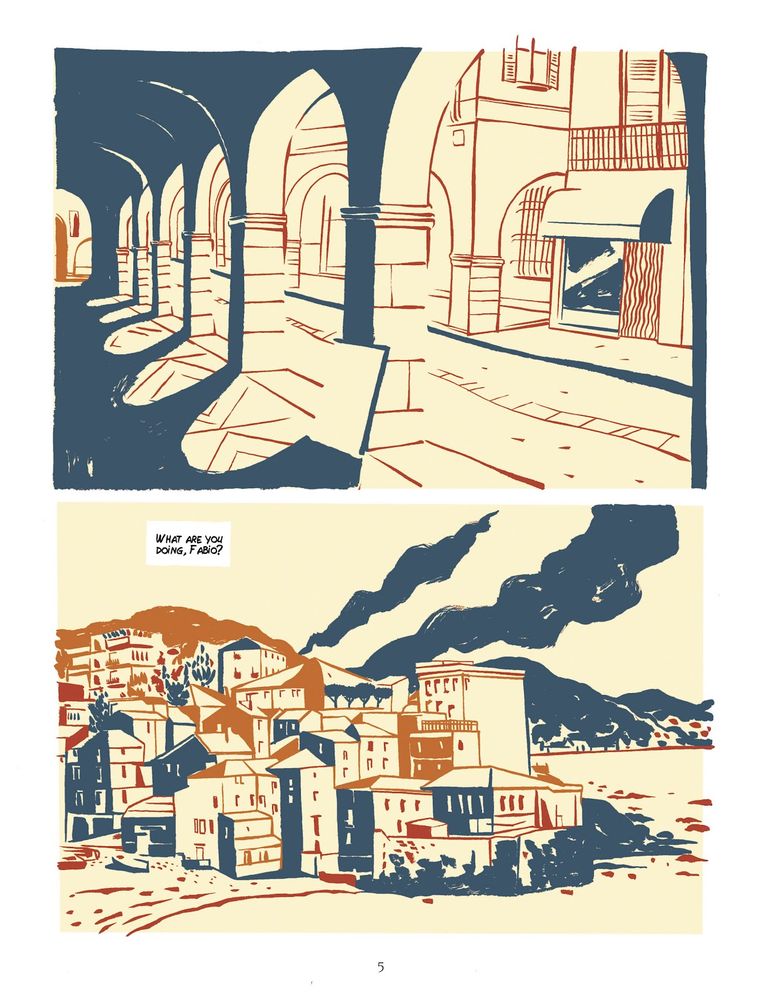 Two panel page showcasing a town in a stylized manner