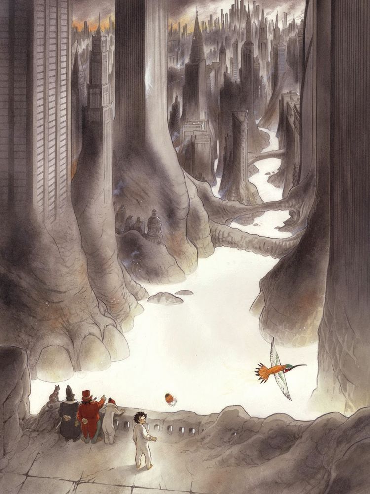 A splash image of a gigantic city of skyscrapers made of humongous dinosaur feet, with mist covering all. People stand at a cliff and observe. Little Nemo by Frank Pe