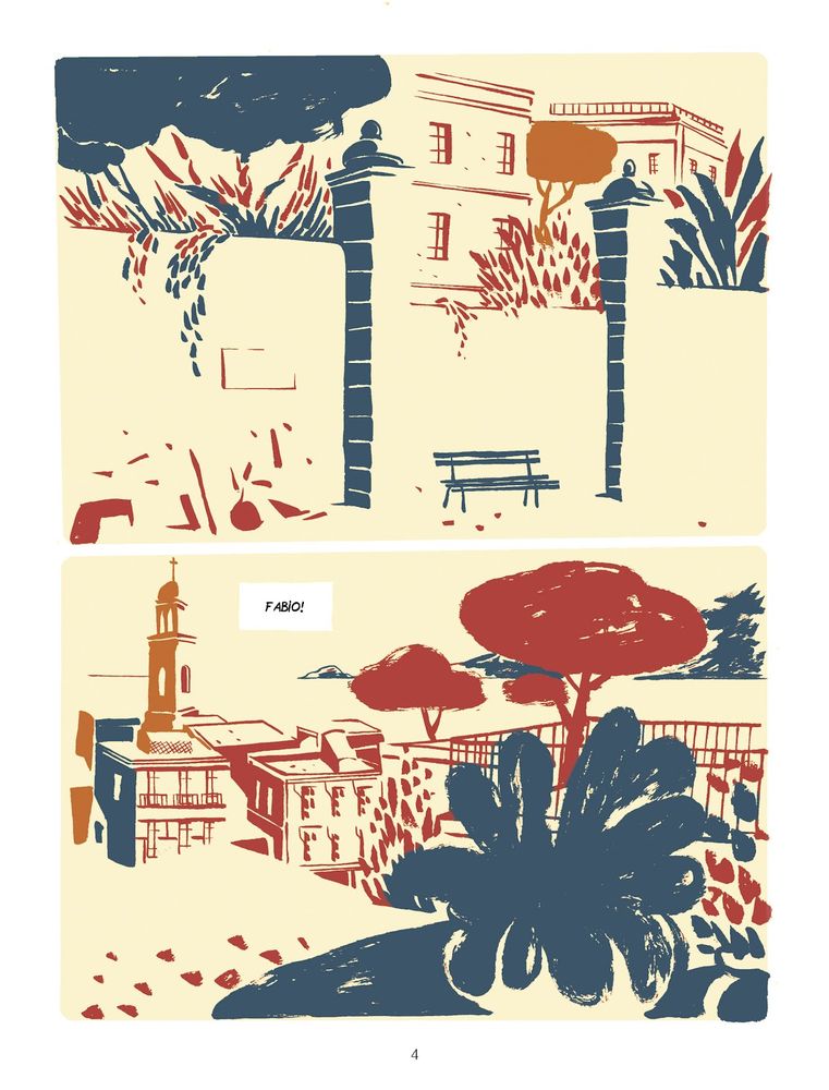 Two panel page showcasing a town in a stylized manner